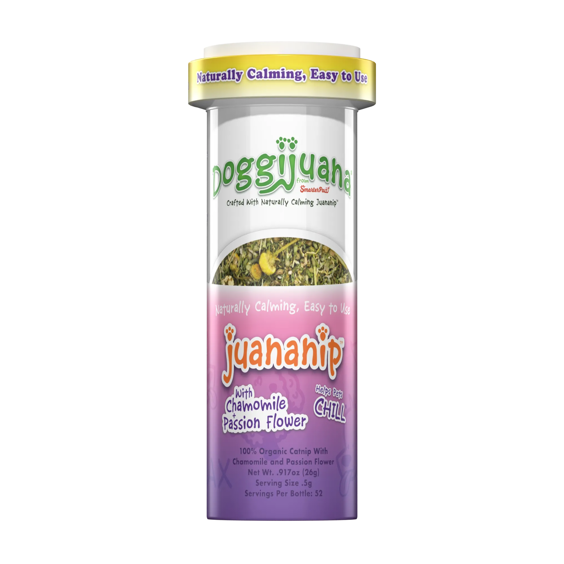 Slim container of Doggijuana® Juananip® with chamomile and passion flower, promoting a naturally calming effect for pets.