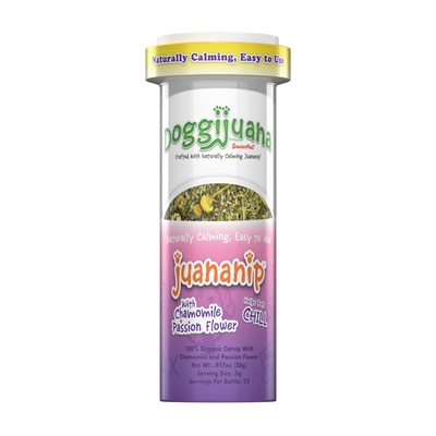 Slim container of Doggijuana® Juananip® with chamomile and passion flower, promoting a naturally calming effect for pets.