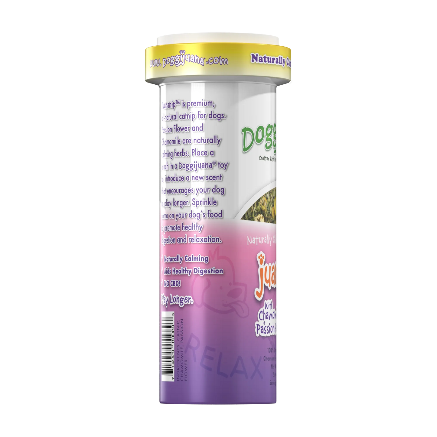 Side view of Doggijuana® Juananip® slim container, highlighting the chamomile and passion flower blend for relaxation and digestion.