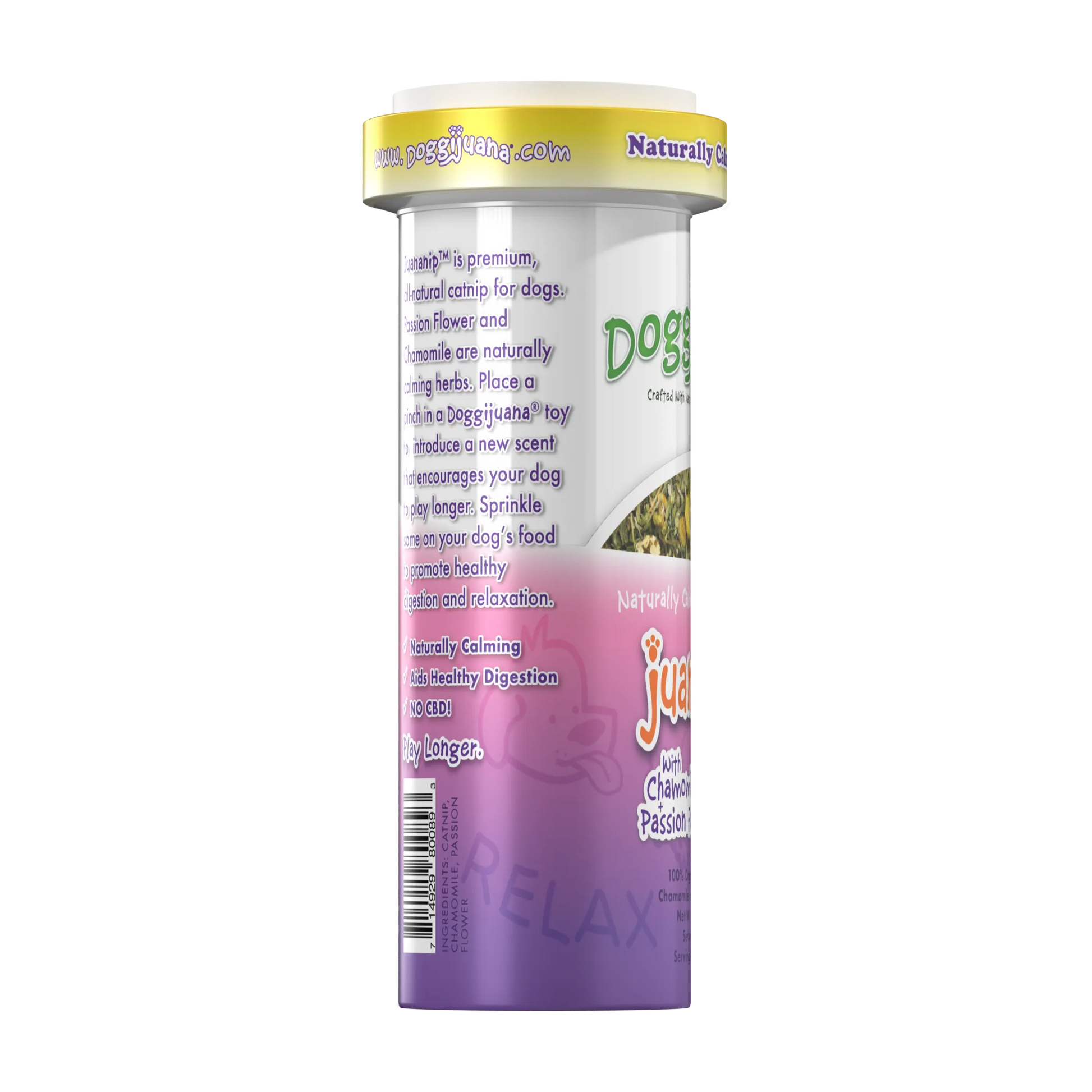 Side view of Doggijuana® Juananip® slim container, highlighting the chamomile and passion flower blend for relaxation and digestion.