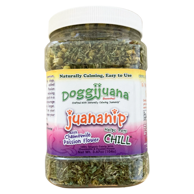 Jar of Doggijuana® Juananip® with chamomile and passion flower, designed to help pets chill and stay naturally calm.