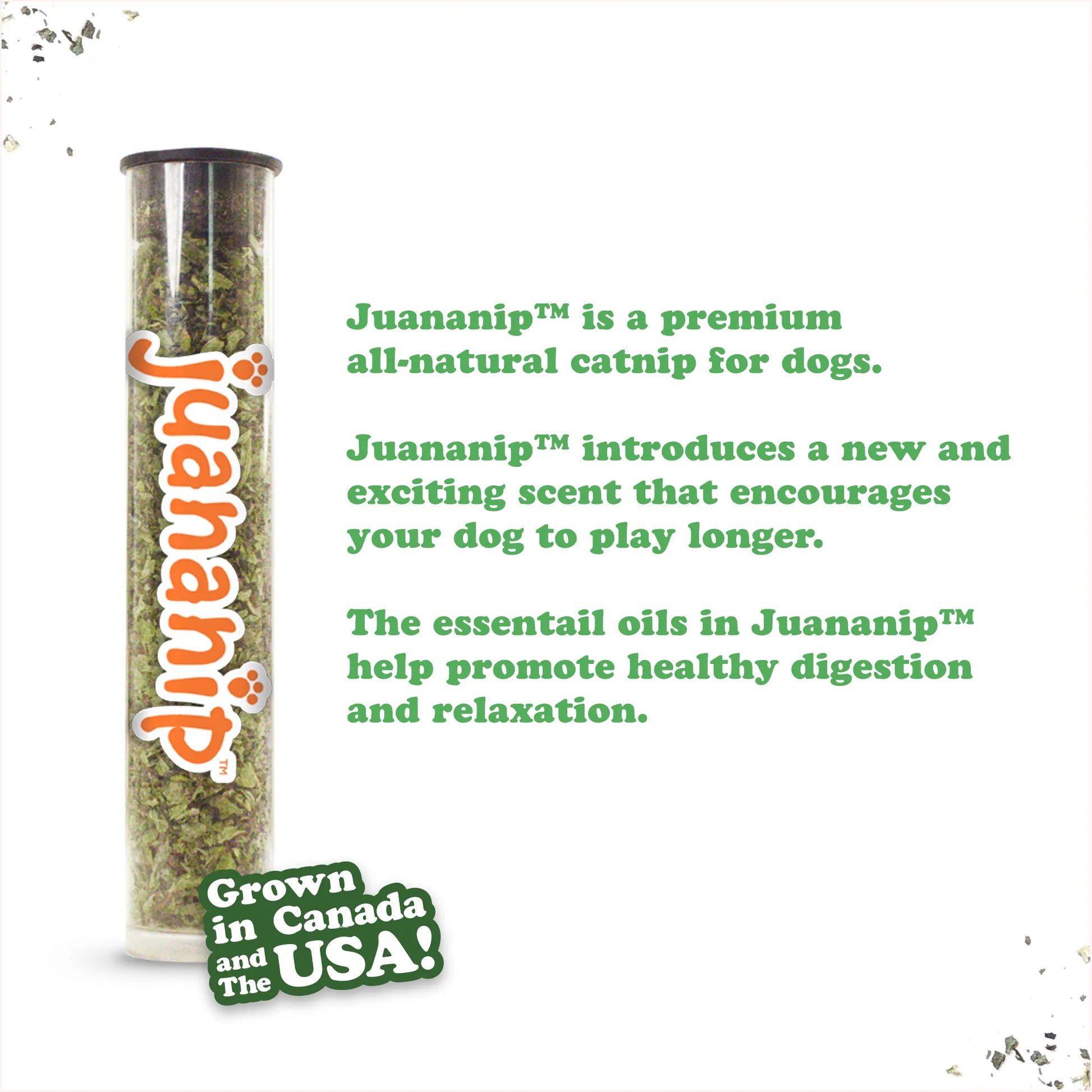 A tube of Juananip, premium all-natural catnip for dogs, promoting play, healthy digestion, and relaxation with essential oils.