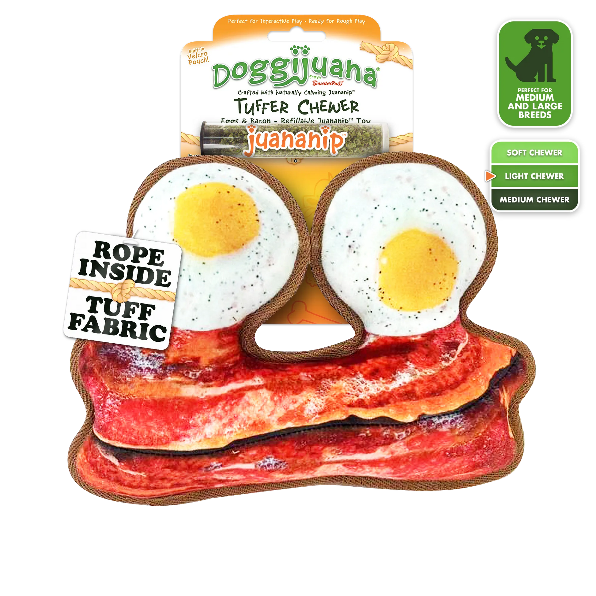 Calming dog toy with Juananip™ in bacon and egg design, perfect for interactive play and promoting relaxation for dogs of medium size.