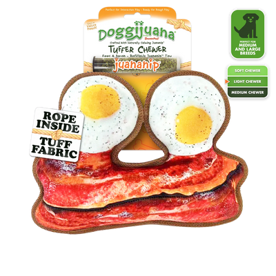 Calming dog toy with Juananip™ in bacon and egg design, perfect for interactive play and promoting relaxation for dogs of medium size.