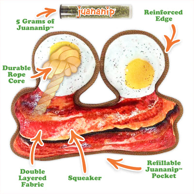 Durable and fun bacon and eggs dog toy, featuring a squeaker and refillable Juananip™ pocket for extended play and relaxation.