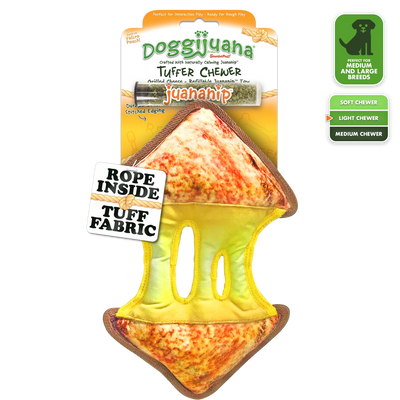 Fun grilled cheese shaped Doggijuana® Tuffer Chewer with rope core inside, designed for medium and large breeds to promote relaxed playtime.