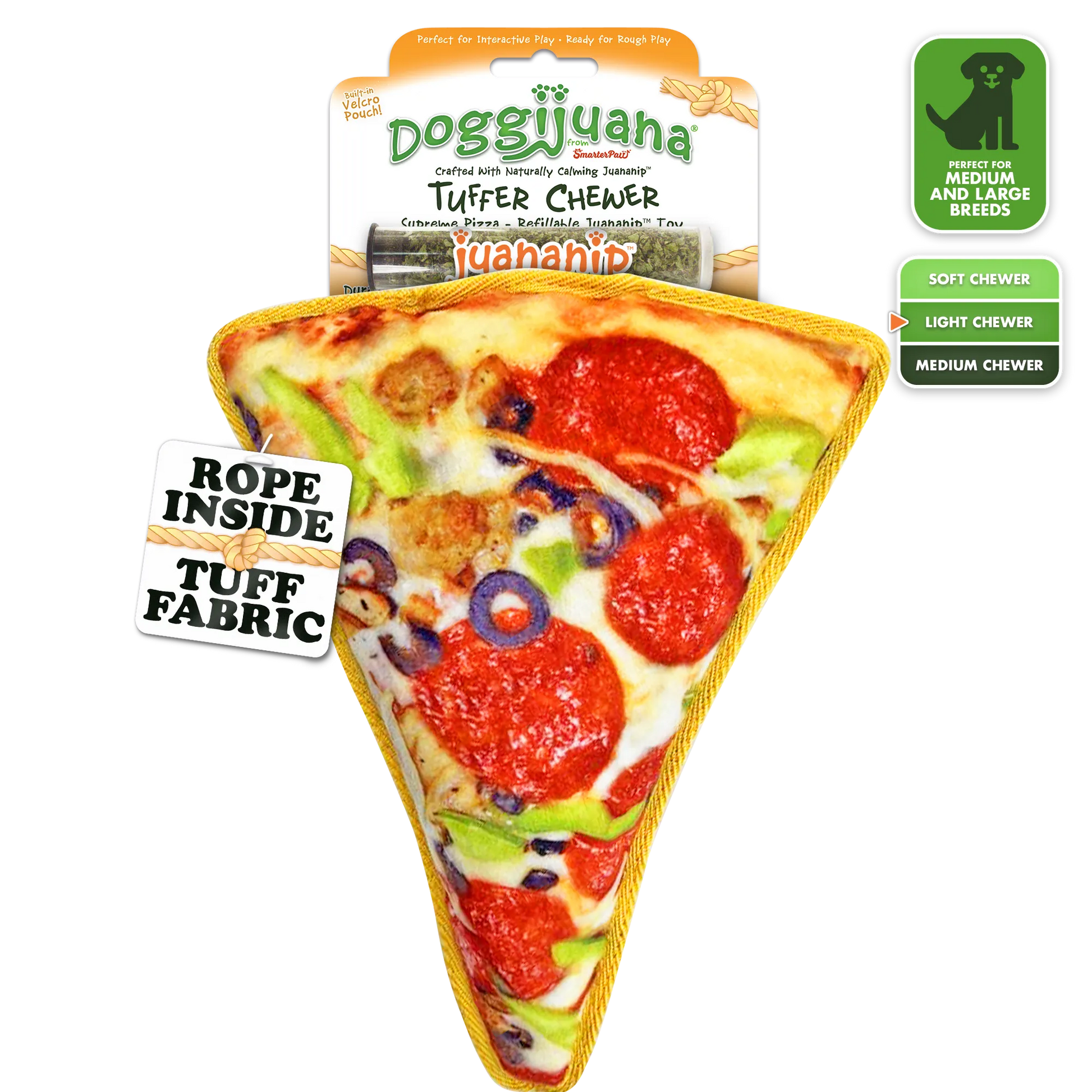 Doggijuana Supreme Pizza Dog Toy with durable tuff fabric, rope core, and refillable Juananip pocket, perfect for stress relief and play.