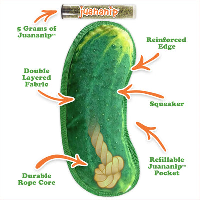 Close-up of the dill pickle-shaped dog toy with features: Juananip refillable pocket, squeaker, rope core, and double-layered fabric.