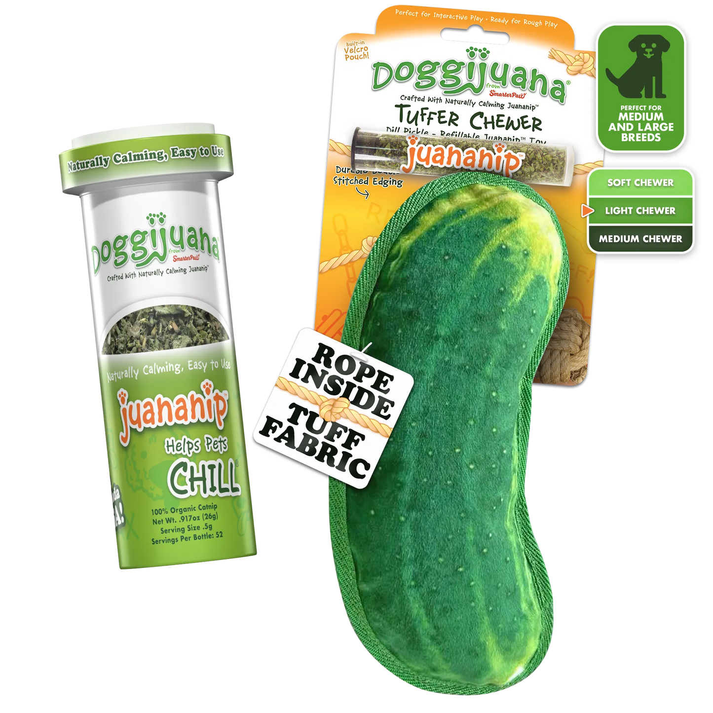 Durable pickle dog toy with a squeaker, refillable herb pocket, and calming effects. Perfect for medium chewers to play and relax.