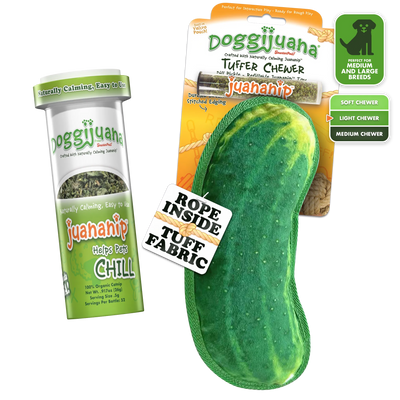 Durable pickle dog toy with a squeaker, refillable herb pocket, and calming effects. Perfect for medium chewers to play and relax.