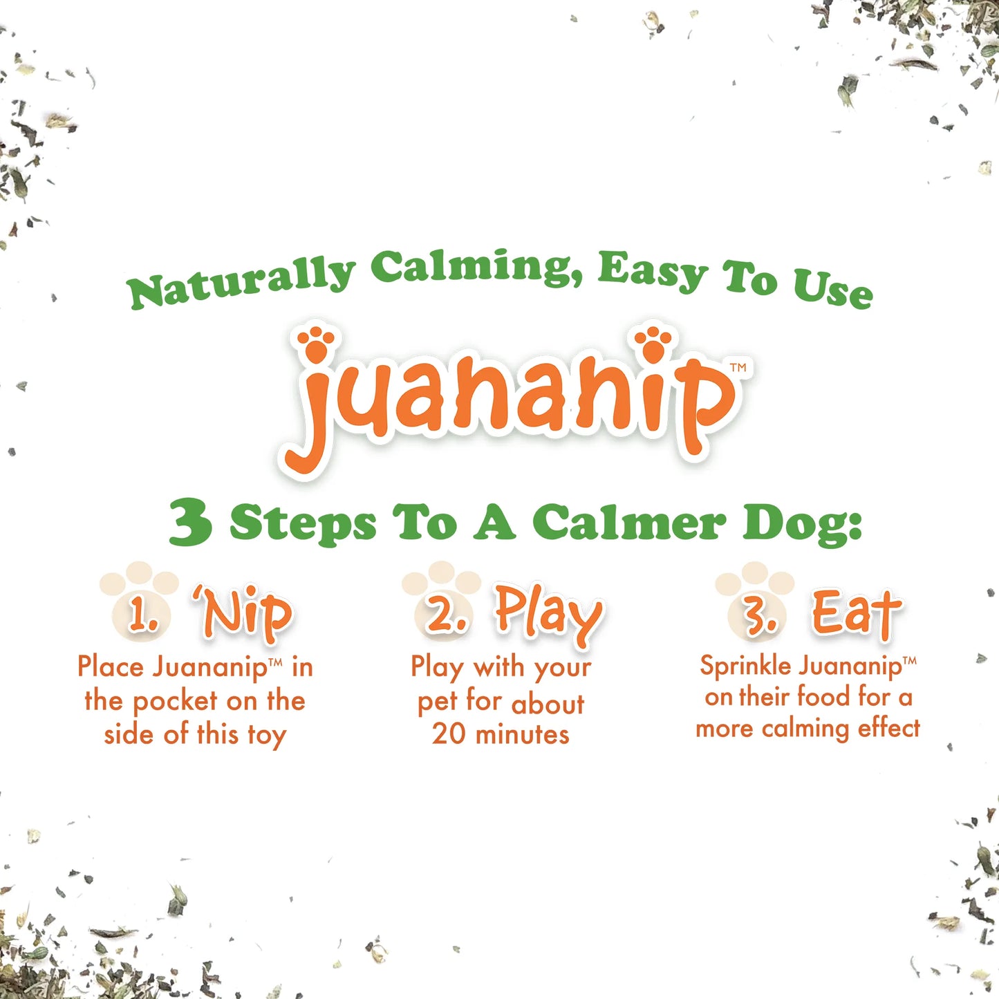 Infographic showing how to use Juananip with dog toys for calming effects: nip, play, and eat for a relaxed, longer playtime.