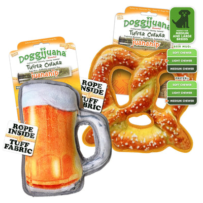 Doggie beer mug and pretzel combo: premium tough toys with Juananip for calming play, ideal for medium and large breeds.