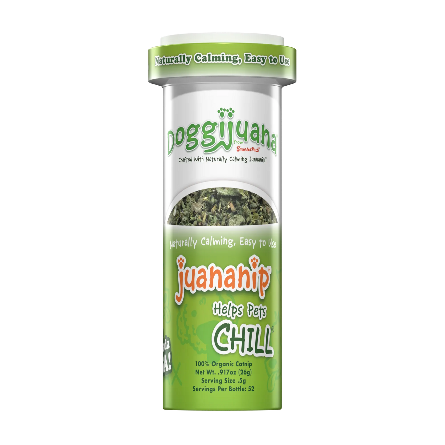 Slim container of Doggijuana® Juananip® with organic catnip, labeled as naturally calming and easy to use for pets.