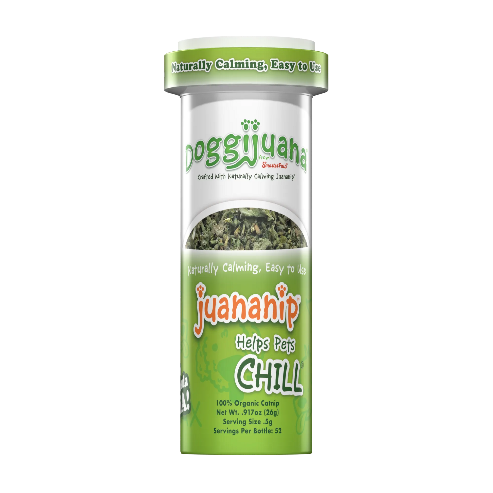 Slim container of Doggijuana® Juananip® with organic catnip, labeled as naturally calming and easy to use for pets.