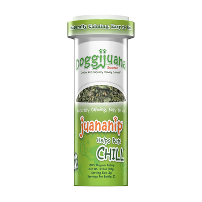 Slim container of Doggijuana® Juananip® with organic catnip, labeled as naturally calming and easy to use for pets.