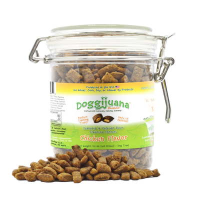 Jar of Doggijuana® chicken-flavored dog treats with Juananip® and valerian root, promoting calming and relaxation.