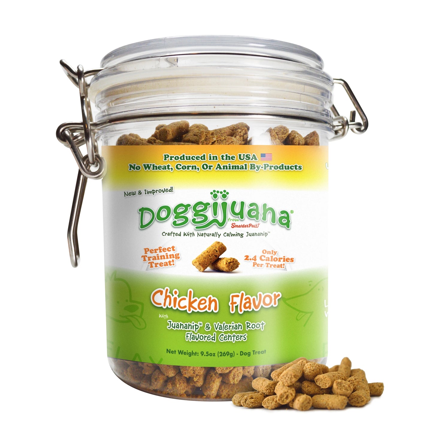 A jar of Doggijuana chicken-flavored treats made with Juananip and valerian root, perfect for calming dogs and promoting relaxation.