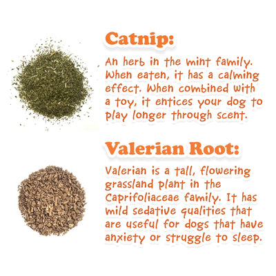 Catnip and valerian root details with descriptions of their calming and anxiety-reducing effects for dogs.