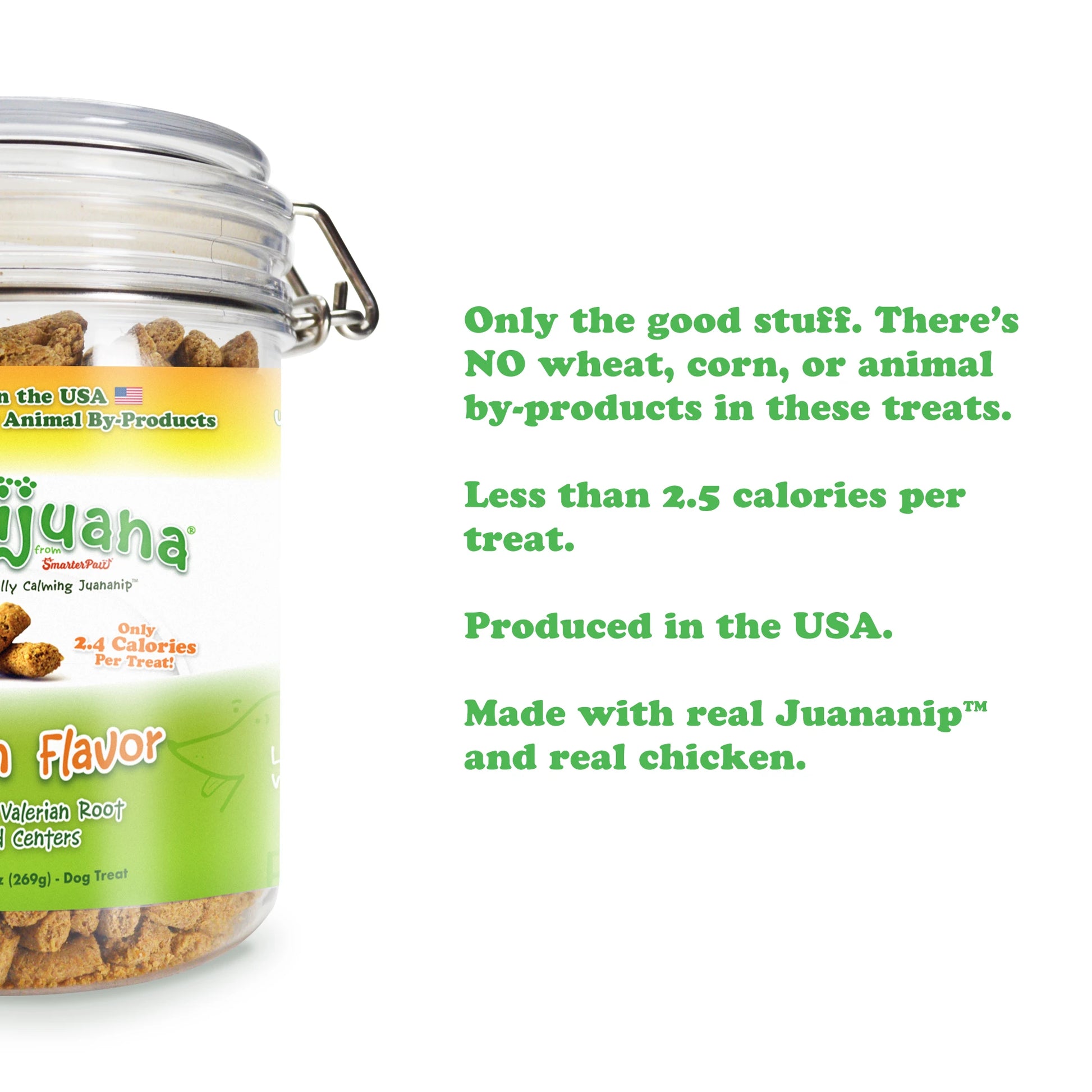 Ingredient list and nutritional analysis of Doggijuana chicken treats with 2.5 calories per treat, promoting a healthy calming snack.