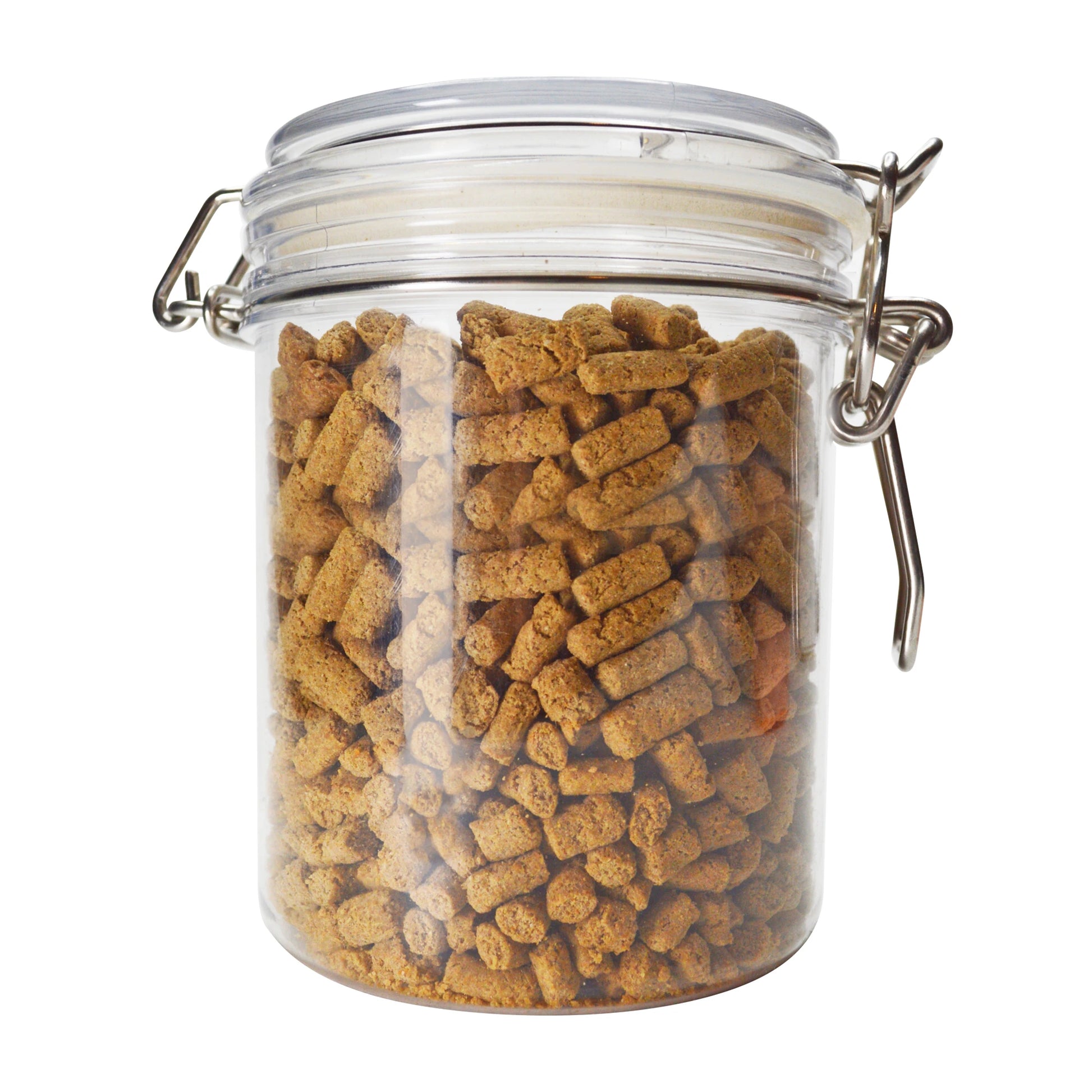 Clear jar filled with Doggijuana treats, showing the quantity and appealing texture, ideal for dogs needing relaxation and anxiety relief.