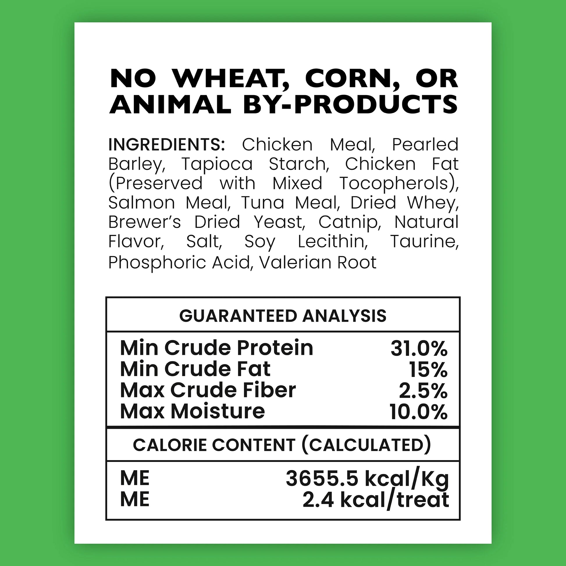 Ingredient list and nutritional analysis of Doggijuana chicken treats with 2.4 calories per treat, promoting a healthy calming snack.