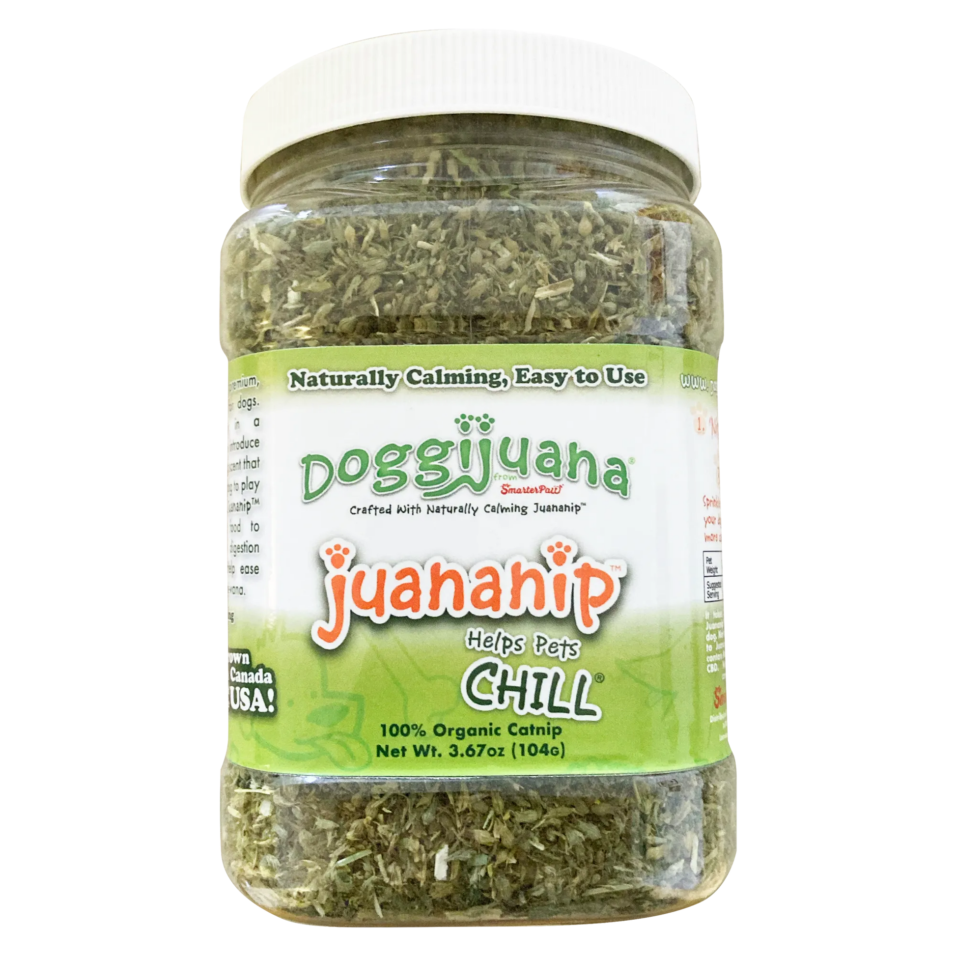 Jar of Doggijuana® Juananip® organic catnip for dogs, labeled as "naturally calming" and "easy to use" for pets.