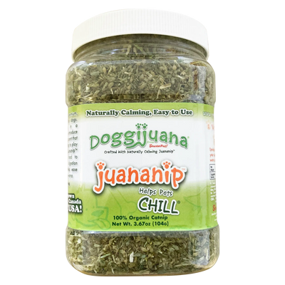 Jar of Doggijuana® Juananip® organic catnip for dogs, labeled as naturally calming and easy to use for pets.