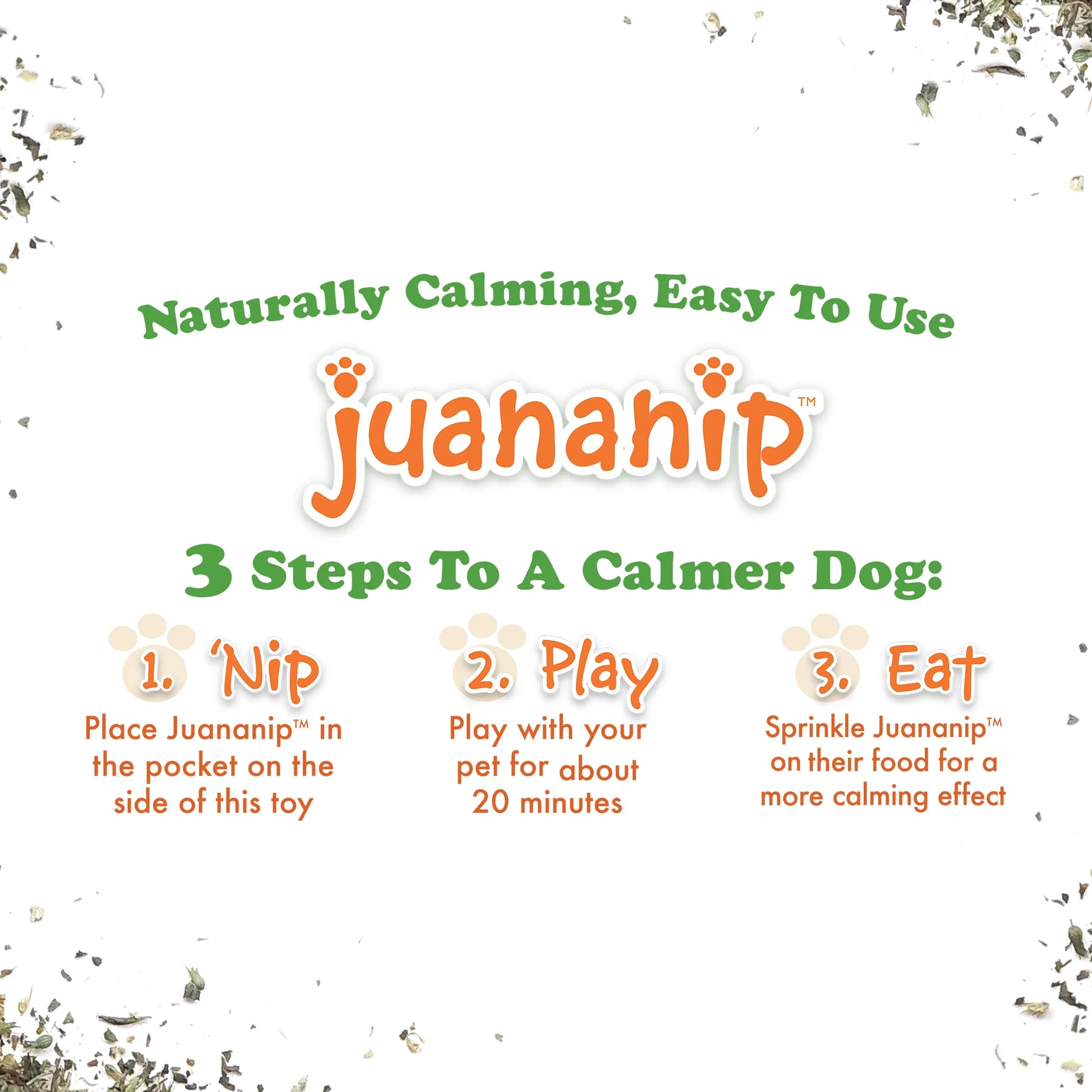 Instructions for using Juananip® in three steps: nip, play, and eat, promoting calmness for dogs.