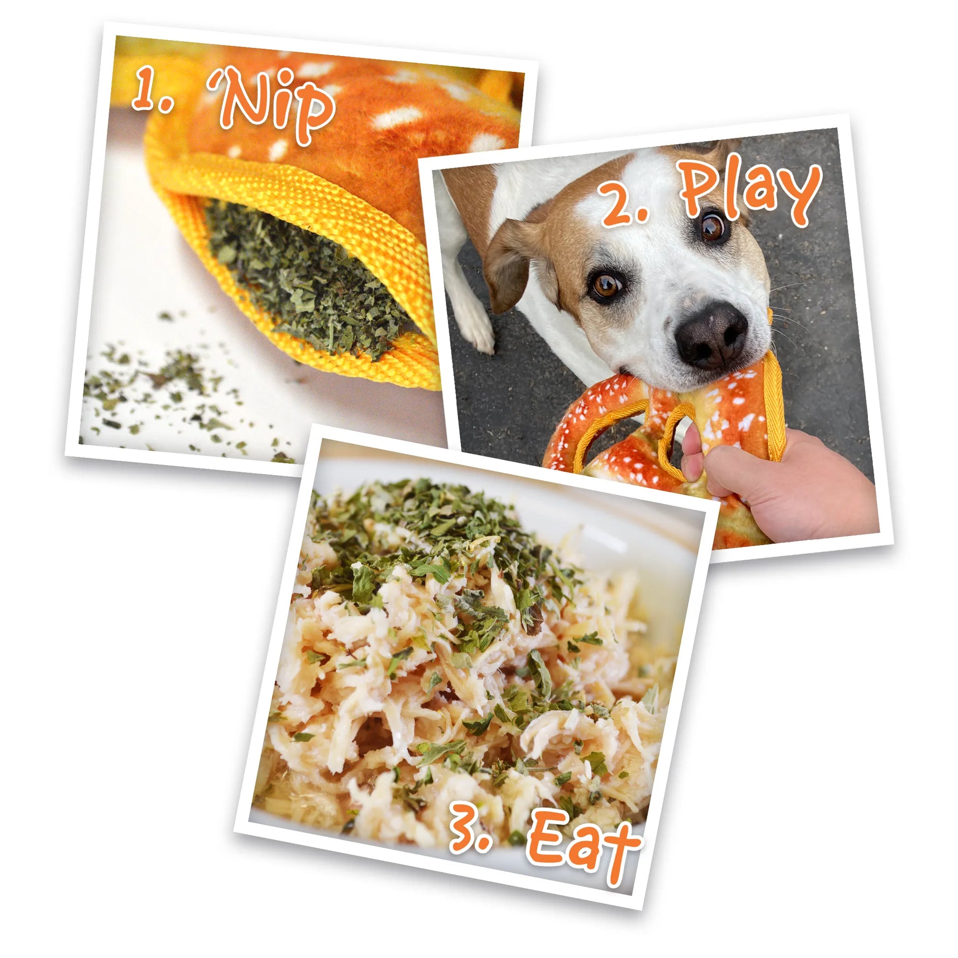 Images of Juananip® in use: stuffed in a toy, a dog playing, and sprinkled on food for calming effects.