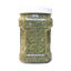 Side view of a clear jar of Doggijuana® Juananip® showing organic catnip leaves inside.