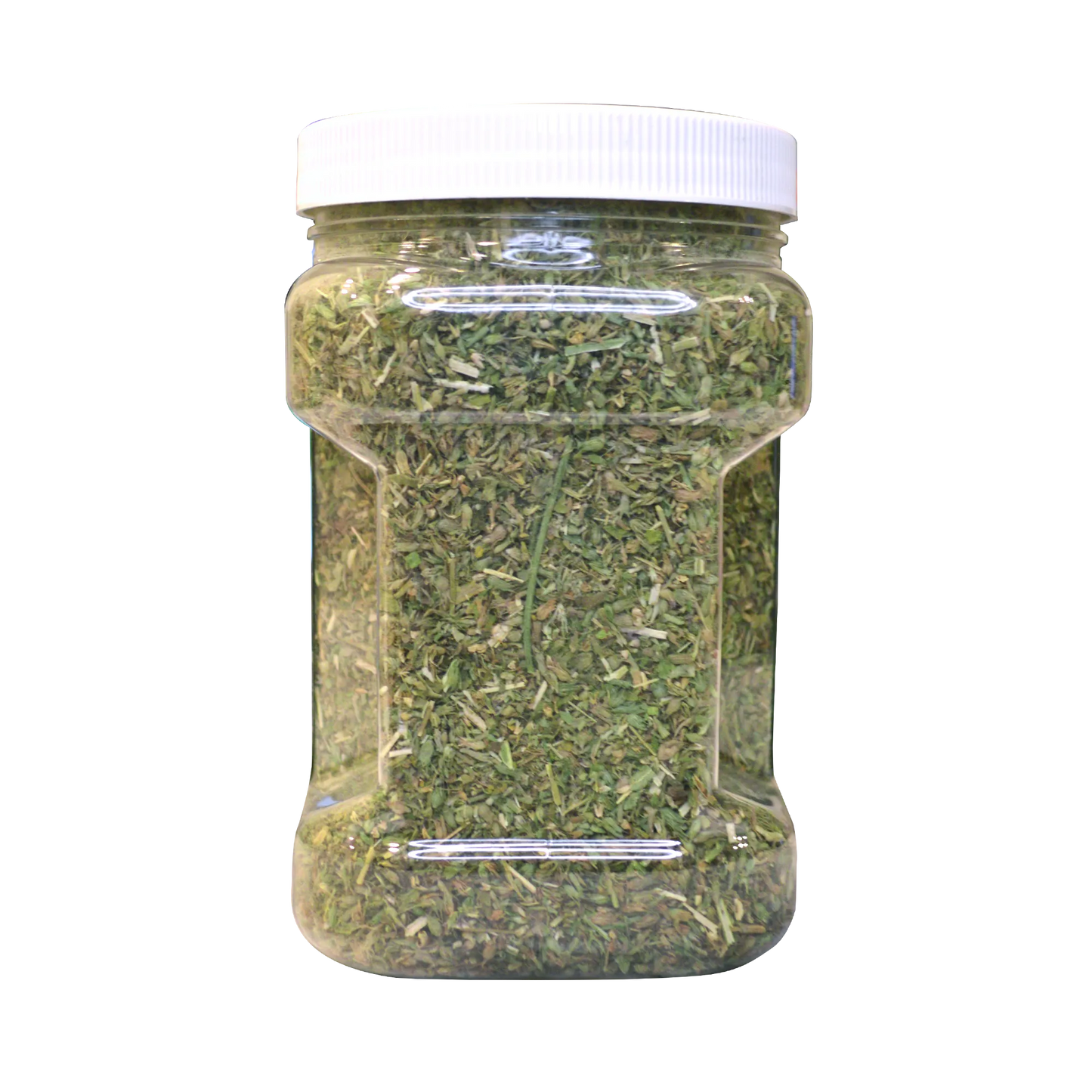 Side view of a clear jar of Doggijuana® Juananip® showing organic catnip leaves inside.