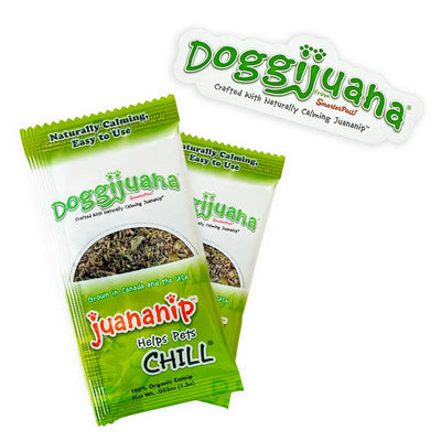 Two green packets of Doggijuana® Juananip® organic catnip with a logo sticker, promoting its calming benefits for pets.