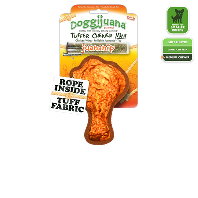 Doggijuana® Tuffer Chewer Mini chicken wing toy with refillable Juananip® pocket and durable rope inside for smaller breeds.