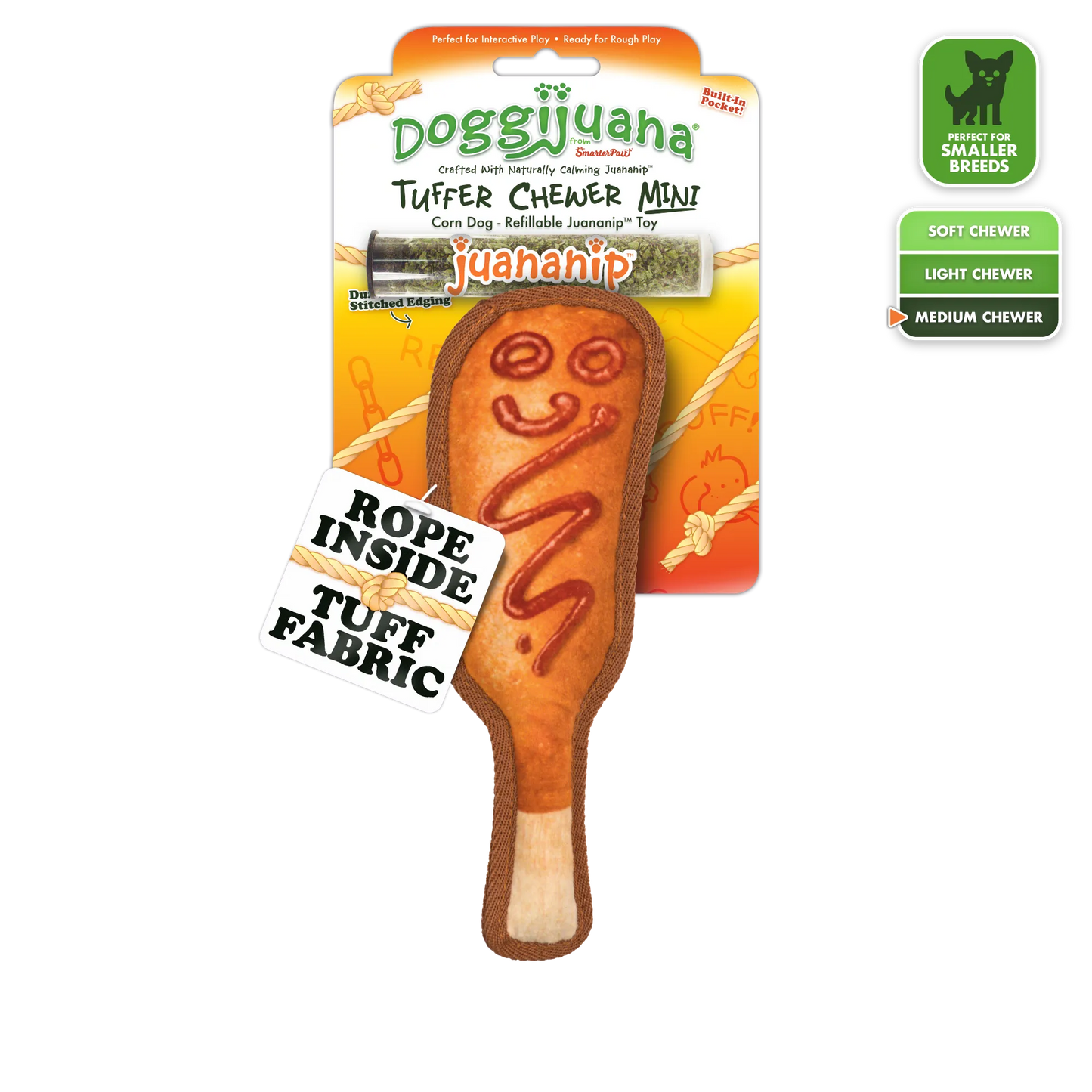 Doggijuana Tuffer Chewer Mini Corn Dog toy with Juananip tube; features rope core, squeaker, and refillable pocket.