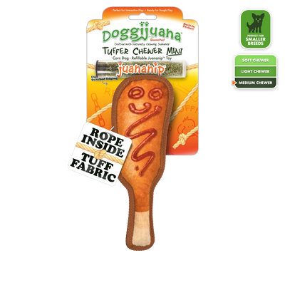 Doggijuana Tuffer Chewer Mini Corn Dog toy with Juananip tube; features rope core, squeaker, and refillable pocket.