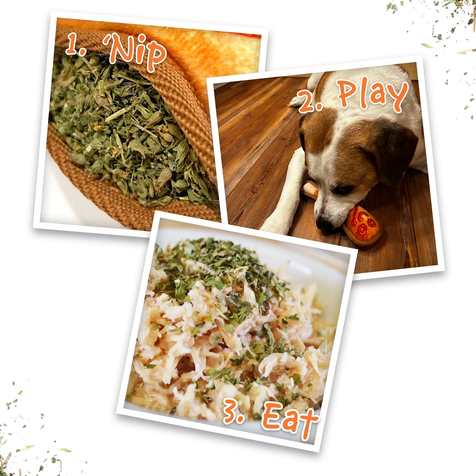 Close-up collage of the Juananip® Tuffer Chewer toy in use: filled with catnip, chewed by a dog, and sprinkled on food.