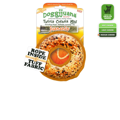  Doggijuana Tuffer Chewer Mini toy shaped like an everything bagel. Perfect for small breeds and medium chewers.