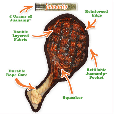 Features of Doggijuana Steak Toy: double-layered fabric, squeaker, and reinforced edges, designed for stress relief and interactive fun.