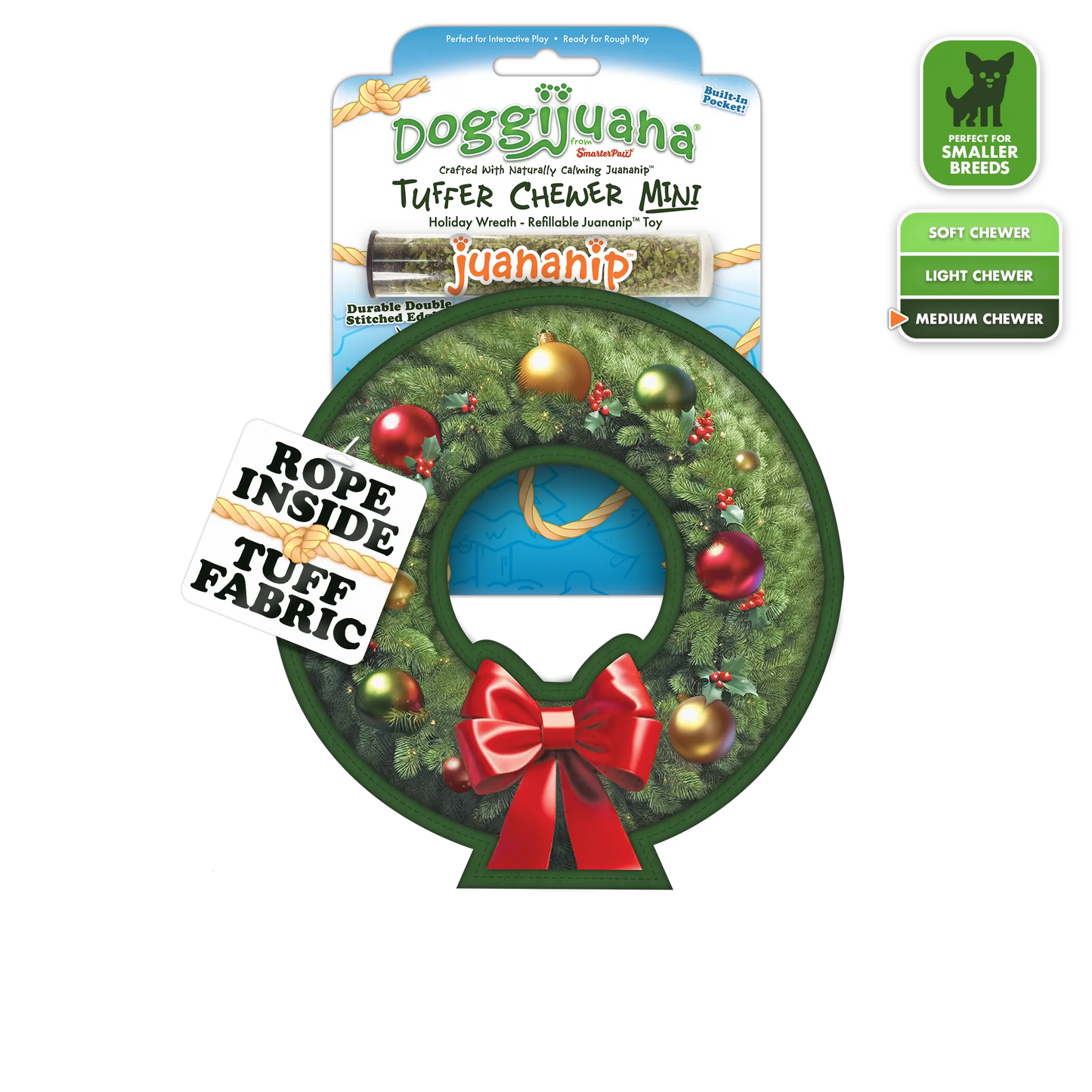 Doggijuana Holiday Wreath toy with Tuffer Chewer Mini design, featuring rope inside, tuff fabric, and a refillable Juananip™ pocket.