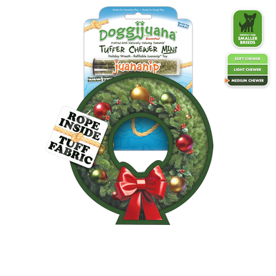 Doggijuana Holiday Wreath toy with Tuffer Chewer Mini design, featuring rope inside, tuff fabric, and a refillable Juananip™ pocket.