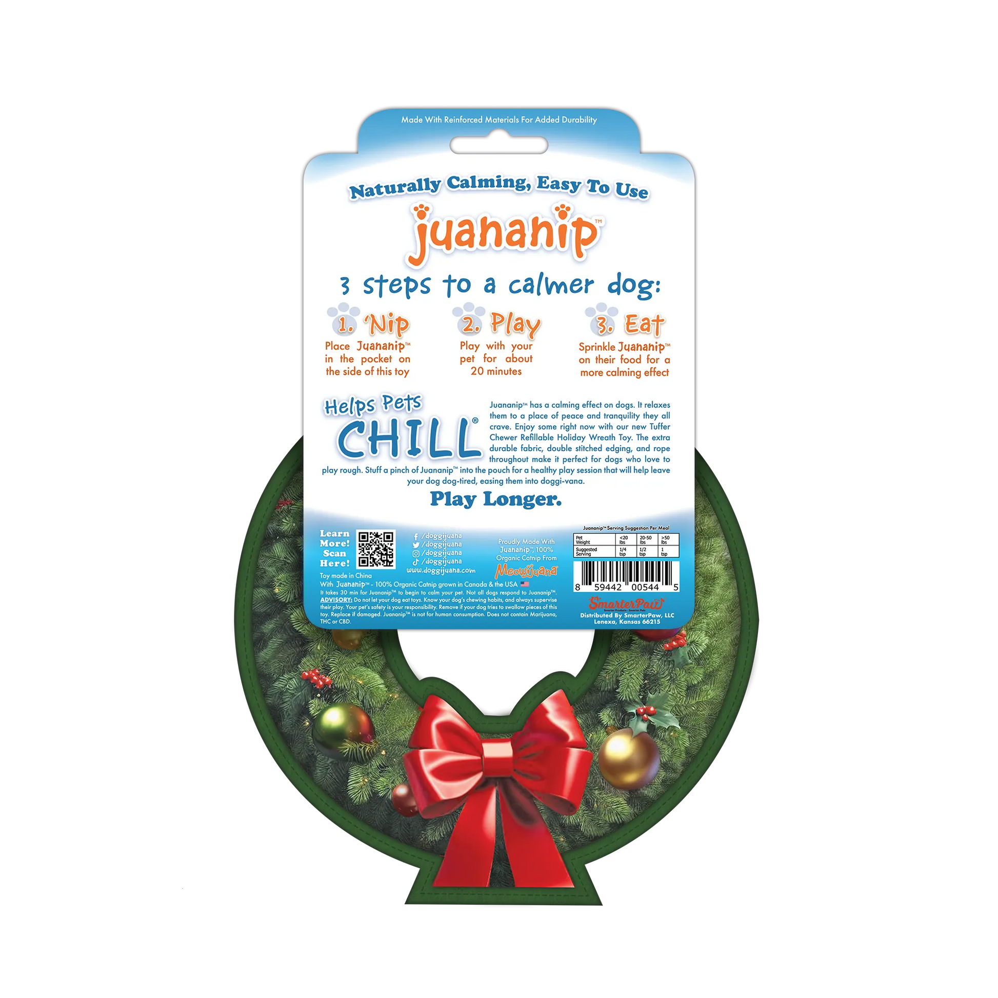 Back view of the Doggijuana Holiday Wreath packaging, detailing instructions for calming your dog with Juananip™ in three steps.