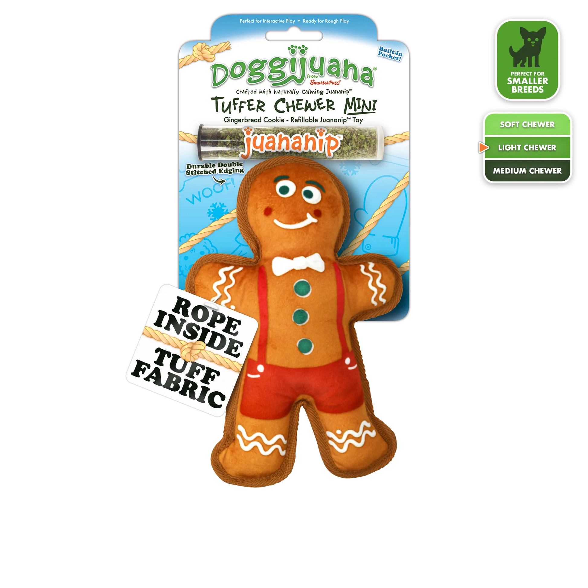 Doggijuana Tuffer Chewer Mini in gingerbread cookie design, featuring a rope core, squeaker, and refillable Juananip™ pocket.