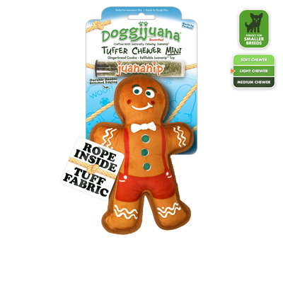 Doggijuana Tuffer Chewer Mini in gingerbread cookie design, featuring a rope core, squeaker, and refillable Juananip™ pocket.