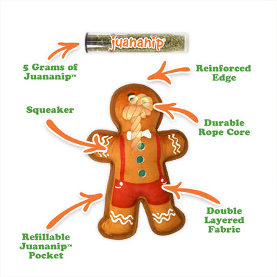 Diagram highlighting features of the Doggijuana Tuffer Chewer Mini gingerbread toy, including double-layer fabric and reinforced edge.