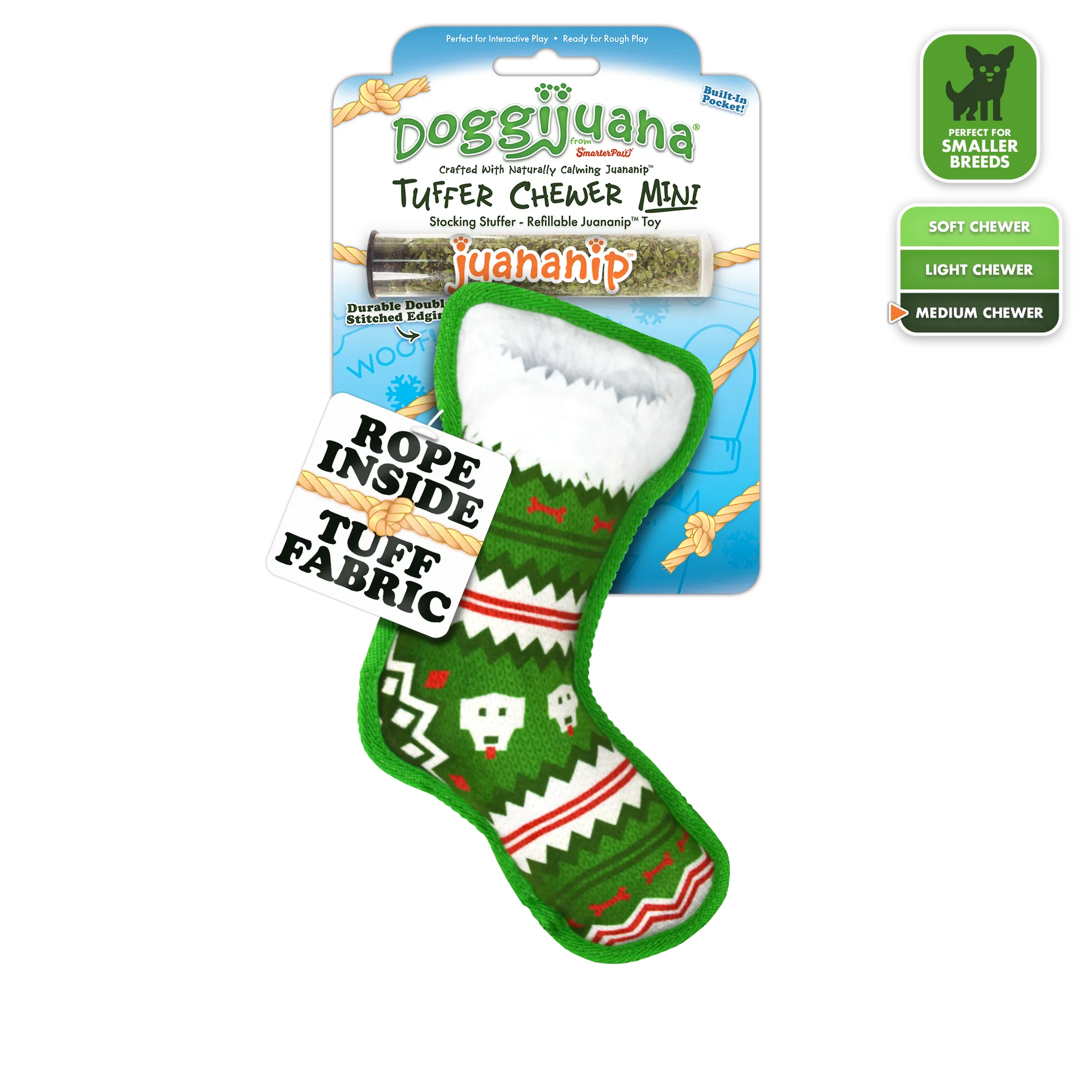 Front view of Doggijuana® Tuffer Chewer Mini Stocking Stuffer toy for small dogs. Durable with rope inside and refillable Juananip® pocket.