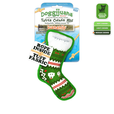 Front view of Doggijuana® Tuffer Chewer Mini Stocking Stuffer toy for small dogs. Durable with rope inside and refillable Juananip® pocket.