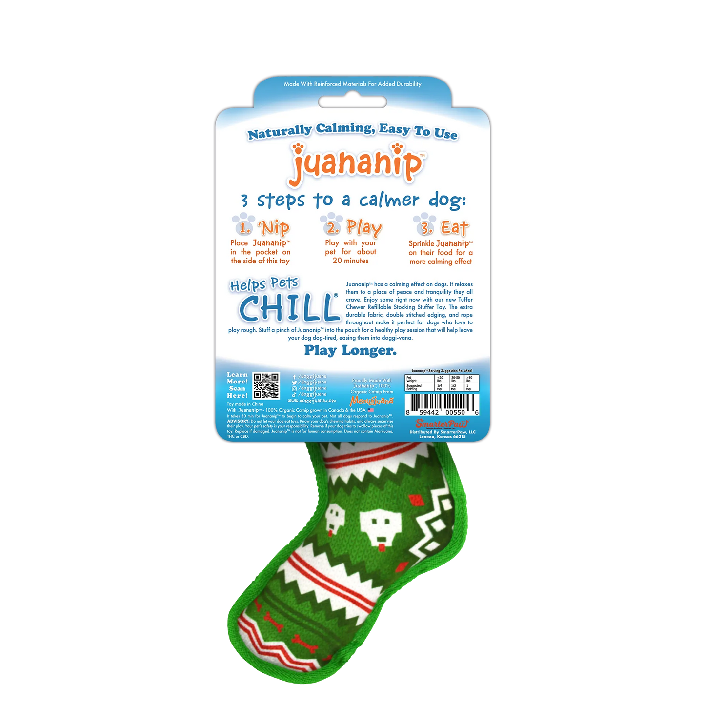 Back of Doggijuana® Tuffer Chewer Mini Stocking Stuffer packaging with instructions on using Juananip® for a calming play experience.