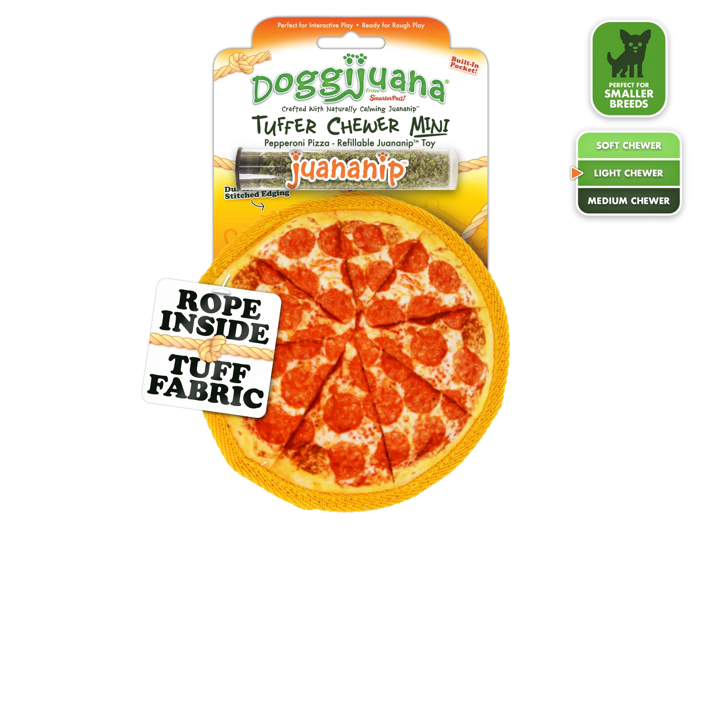 Doggijuana Tuffer Chewer Mini Pepperoni Pizza toy for dogs. Features rope core, tough fabric, and refillable Juananip pocket.