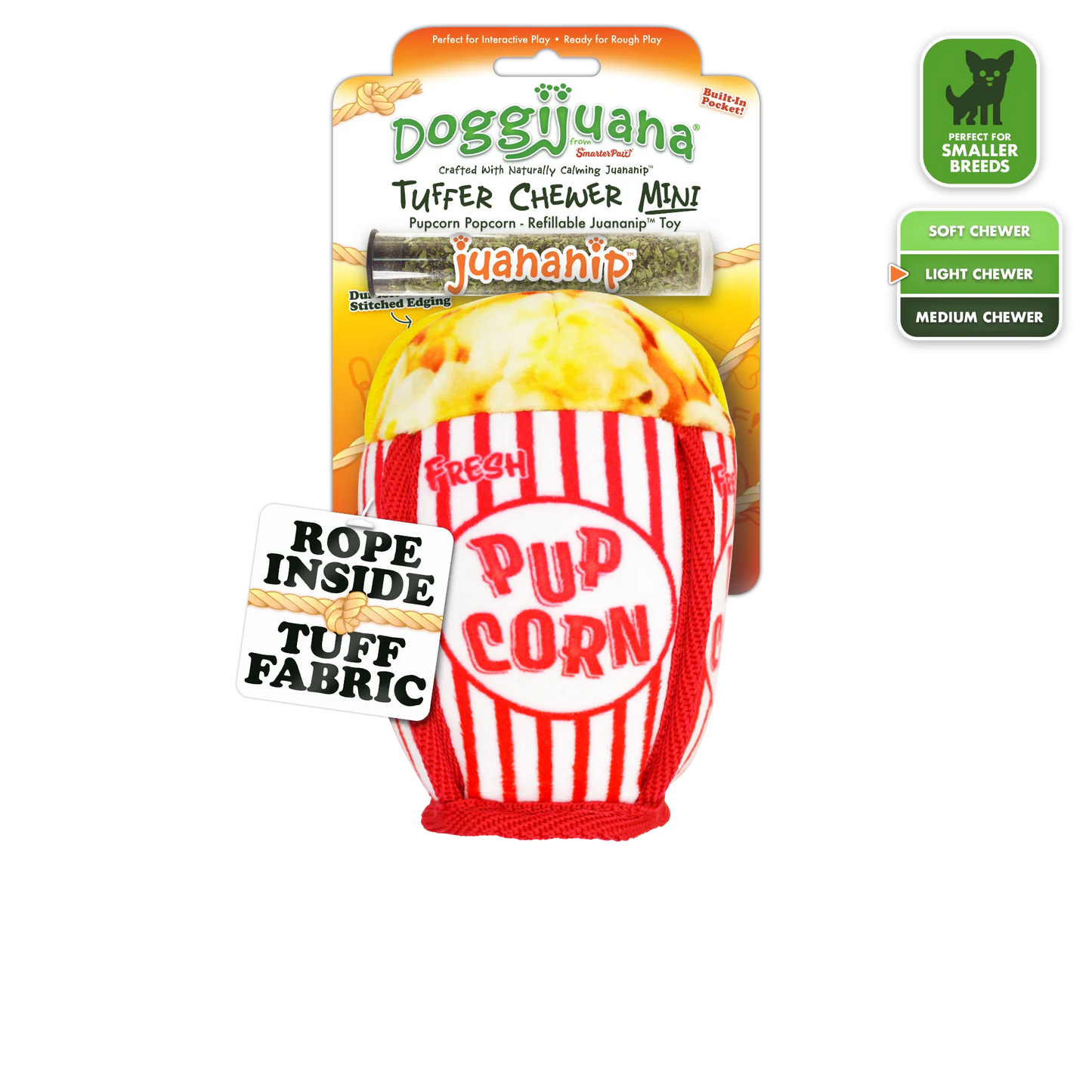 Packaging of Doggijuana® Tuffer Chewer Mini "Pup Corn," featuring a red-and-white striped popcorn bag toy for dogs with Juananip® .