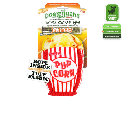 Packaging of Doggijuana® Tuffer Chewer Mini "Pup Corn," featuring a red-and-white striped popcorn bag toy for dogs with Juananip® .